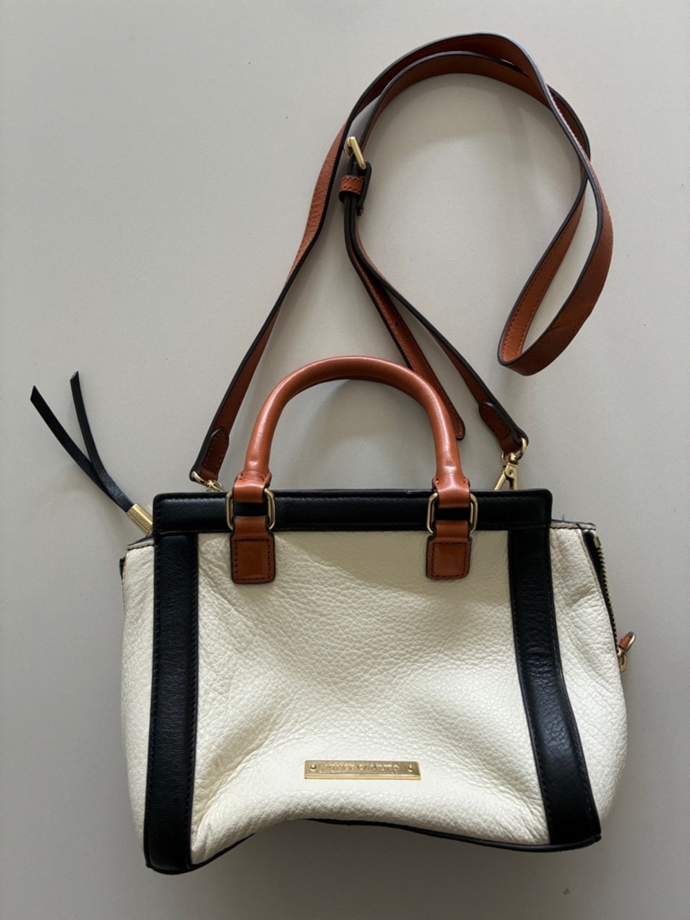 Two-Tone Cream and Black Leather Satchel with Brown Handles